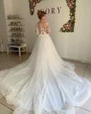 Long Sleeve A-line Sheer Tulle Elegant Appliques Wedding Dress