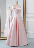 Satin Off-the-shoulder Pink Satin A-line Prom Dress