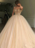 Champagne Tulle Spaghetti Straps Ball Gown Beading Prom Dress