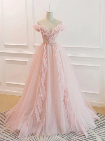 Pink Tulle Ruffles Off the Shoulder Long Prom Dress