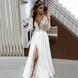 V-neck Side Split Long Sleeve A-line Lace Appliques Wedding Dress