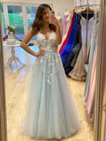 Appliques Tulle A Line V Neck Sky Blue Prom Formal Dress