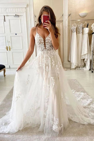 Lace Plunging Neckline Ivory Tulle Floral Wedding Dress