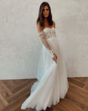Tulle Long Sleeves Backless Strapless A-line Appliques Wedding Dress