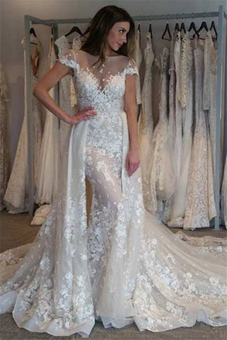 Cap Sleeves Detachable Overskirt Lace Appliques Illusion Wedding Dress