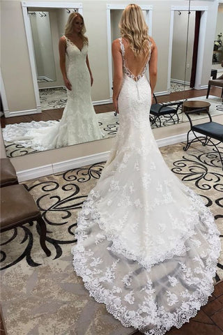 Court Train Lace Backless V-neck Sexy Straps Mermaid Wedding Dress