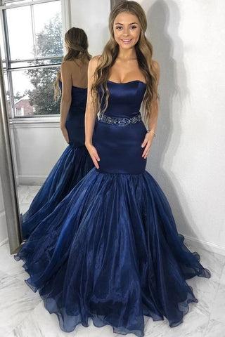 Beading Satin And Tulle Sweetheart Navy Blue Mermaid Prom Dress