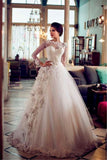 Appliques Tulle A-line 3D Flower Floral Long Sleeves Wedding Dress