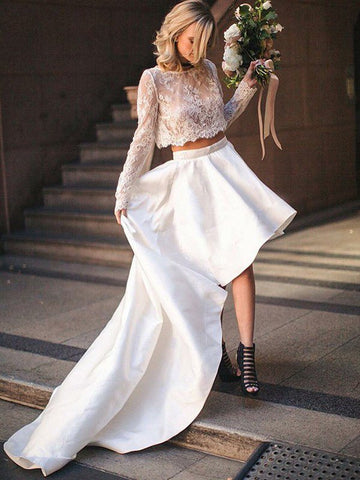 Long Sleeve Lace Scoop Two Piece Sexy Satin Sweep Train Wedding Dress