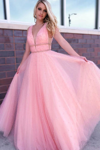 Beads Sexy Long Pink V Neck Tulle Prom Dress 