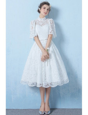 Half Sleeves A Line Tea Length High Neck Lace Wedding Dress With Belt