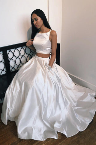 White Long Two Piece Prom Dress with Beaded Pockets