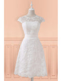 Lace Short Belt Cap Sleeve Wedding Reception Dress For Mature Brides