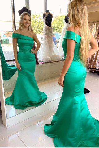 Mermaid Green Satin Long Beautiful Off The Shoulder Prom Dress