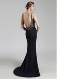  Crystal V-neck Neckline Mermaid Evening Dress With Beadings & Slit