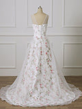 Print Floral Straps Lace Appliques White Long Prom Dress