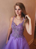 Beading Lavender V Neck Open Back Tulle Lace Long Prom Dress