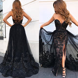 Beaded Side Slit Sexy Black Sweetheart Overskirt Lace Prom Dress