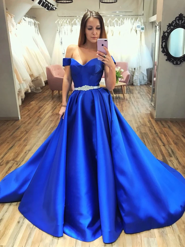 Royal Blue Long Satin Off The Shoulder Beading Prom Dress