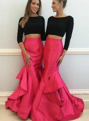 Black And Fuchsia Satin Beading Two Piece Long Sleeve Prom Dress