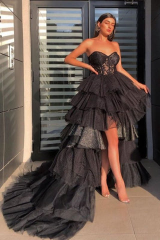 Ruffles Black Hi-Lo Tulle Sweetheart Tiered Sexy Prom Dress