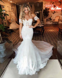 Mermaid Sweep Train Off-the-shoulder Puffy Appliques Tulle Wedding Dress