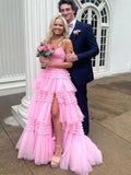 V Neck Ruffles Pink Tulle Long Prom Dress With Slit