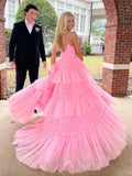 V Neck Ruffles Pink Tulle Long Prom Dress With Slit