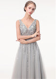 Tulle V-neck Gray Beading Backless A-line Prom Dress With Beadings