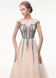  Tulle Jewel Champagne Appliques See Through Prom Dress With Beadings