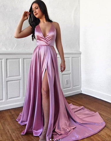 Lavender Satin V Neck A Line Sexy Prom Dress With Slit