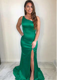 Acetate Satin One Shoulder Green Mermaid Evening Dress