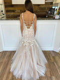 Champagne Tulle Appliques Straps Mermaid Backless Prom Dress