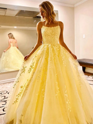 Backless Yellow Lace Lace Up Tulle Appliques Long Prom Dress
