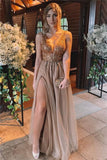 Champagne Beading Sexy Front Slit Deep V Neck Ruffles Prom Dress
