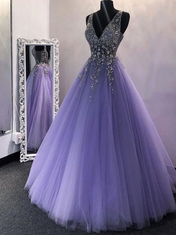 Sequins Purple Tulle Lilac Sexy V Neck Long Prom Dress