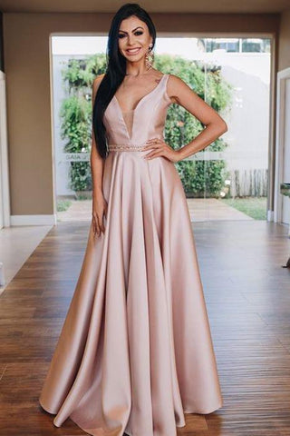 A-Line Beading Satin V Neck Blush Pink Prom Dress