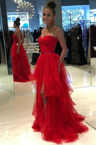 High Low Ruched Red Sweetheart Tulle Prom Dress