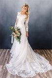 Scoop Sweep Train Lace Long Sleeve Appliques A-line Ruffles Wedding Dress