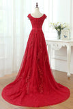 Beading Lace Tulle Long Red V Neck Appliques Prom Dress