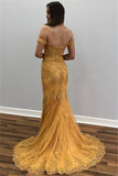 Mermaid Gold Appliques Tulle Off-The-Shoulder Prom Dress