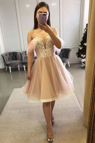 Short Feather Prom Pink Sweetheart Tulle Lace Homecoming Dress