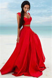 Long Cheap Sleeveless Two Piece Red Satin Sexy Prom Dress