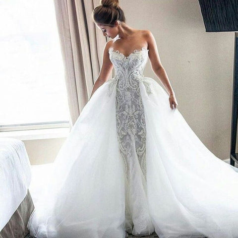 Puffy Tulle Overskirt Strapless Sexy Lace Bride Wedding Dress US14 / Ivory Puffy Tulle Overskirt Strapless Sexy Lace Bride Wedding Dress US14 / Ivory