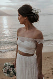 A-Line White Lace Two Piece Off the Shoulder Wedding Dress