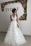 Straps V-neck Cheap A-line Tulle Ruffles Wedding Dress