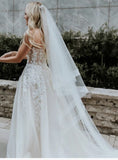  Ivory Tulle Sweetheart Appliques Sleeveless Wedding Dress