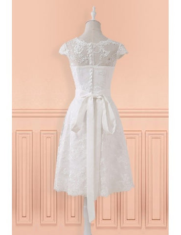 Lace Short Belt Cap Sleeve Wedding Reception Dress For Mature Brides