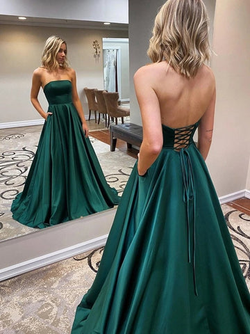 Strapless Backless Emerald Green Long Prom Dress with Pocket