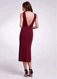 V-neck Burgundy Tea-length Sheath/Column Evening Dress